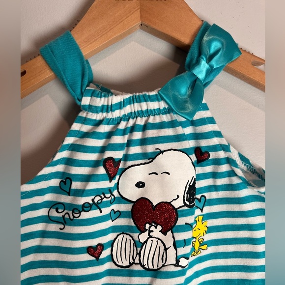 Peanuts Snoopy & Woodstock Striped Aqua & White Romper Baby Girl 3-6M - Picture 2 of 5